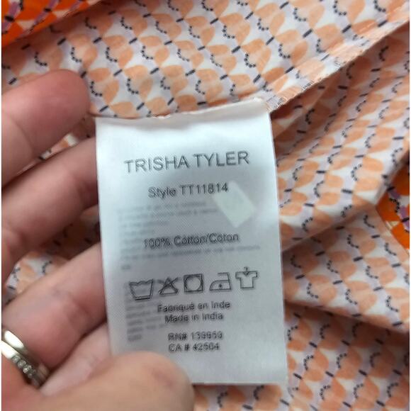 NWT Trisha Tyler geo print back pleat business casual orange button up L NEW - Picture 6 of 8